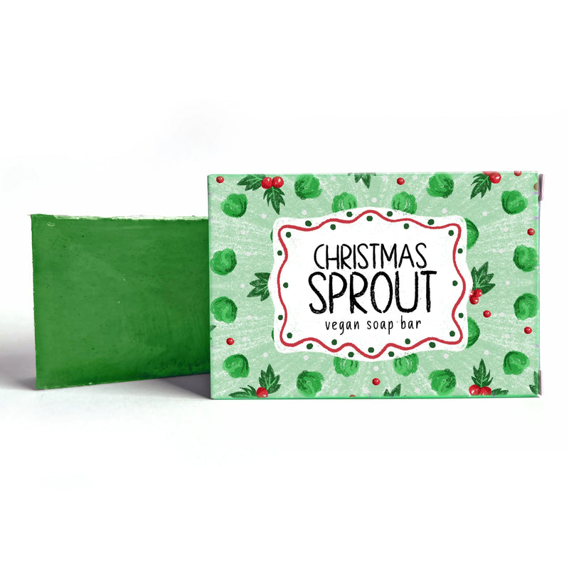 Neon Magpie Christmas Sprout Vegan Soap Bar in green packaging with brussels sprout and red berry design, with soap bar shown alongside