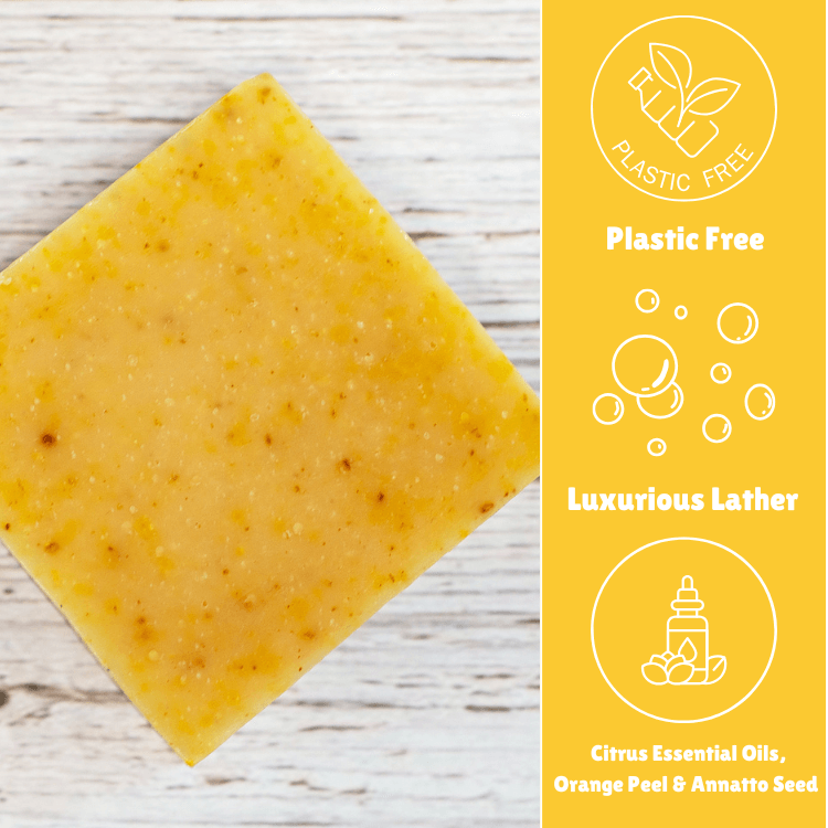 Laneside Soap Co Summer Citrus Soap Bar showing plastic free, luxurious lather, and citrus essential oils, orange peel and annatto seed highlights