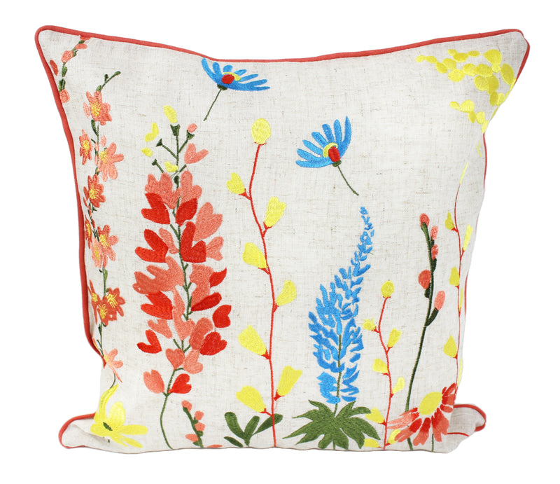 Sunburst Meadow Embroidered Cushion with intricately embroidered floral design in reds, pinks, blues and yellows on natural linen-mix background with orange piped edge, 45 x 45 cm, on white background