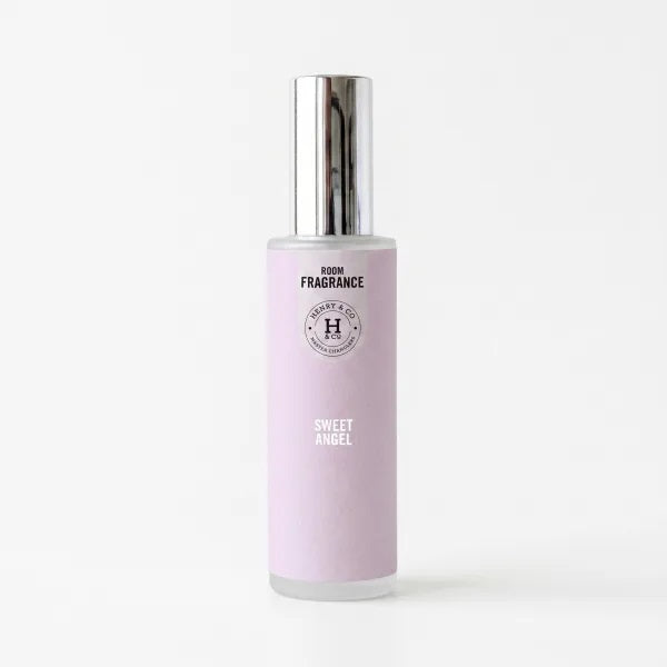 Henry & Co Sweet Angel room fragrance spray 100ml in a glass bottle with silver cap on a white background