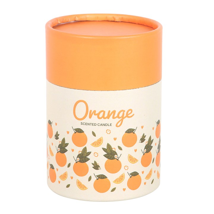 Orange Scented Candle, illustrated cylindrical gift box with orange fruit pattern, white background