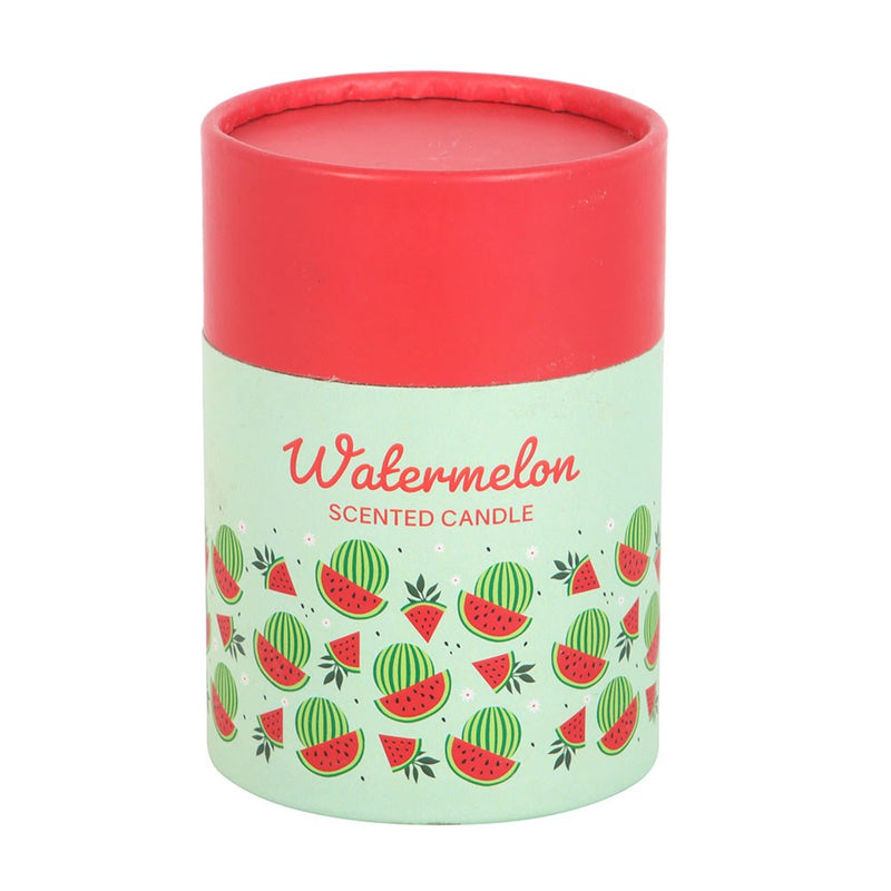 Watermelon Scented Candle, illustrated cylindrical gift box with watermelon pattern, white background
