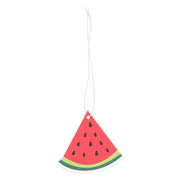 Watermelon slice shaped scented air freshener hanging by its white cord on a white background