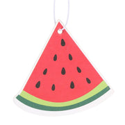 Close-up of the watermelon slice shaped air freshener showing seed detail and white cord on a white background