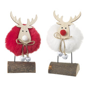 Red and white fluffy pom-pom reindeer standing decorations with natural wood antlers, twine bow with jingle bells and log base, displayed together