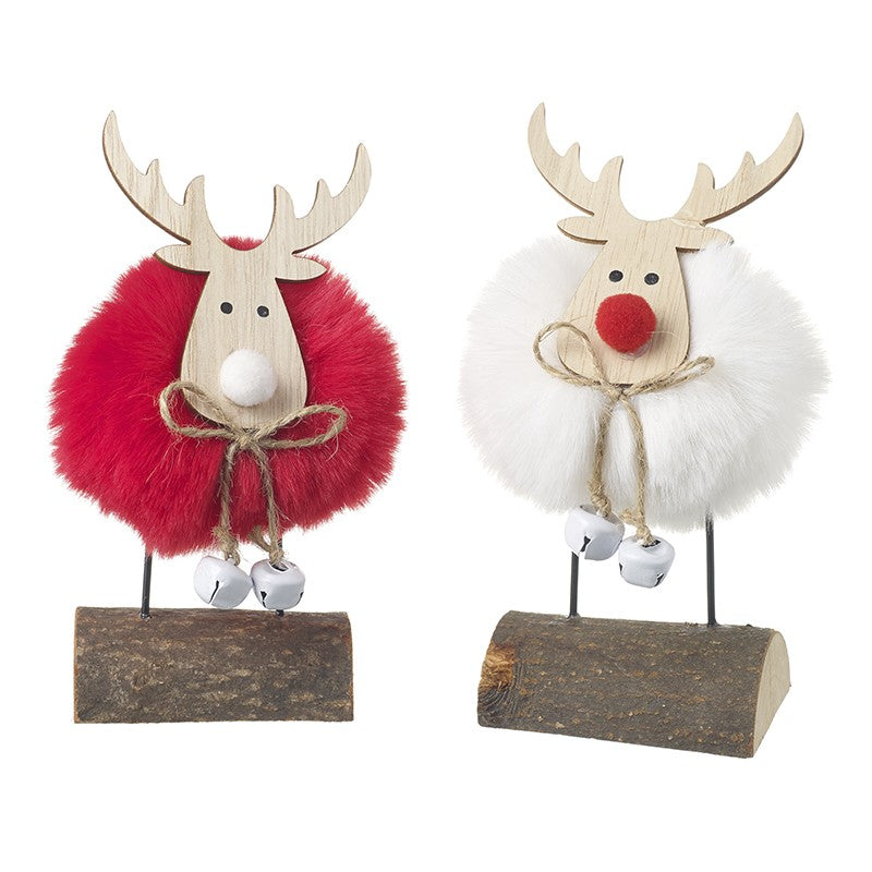 Red and white fluffy pom-pom reindeer standing decorations with natural wood antlers, twine bow with jingle bells and log base, displayed together