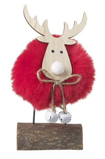  Red fluffy pom-pom reindeer standing decoration with natural wood antlers, white pom-pom nose, twine bow with jingle bells and natural wood log base