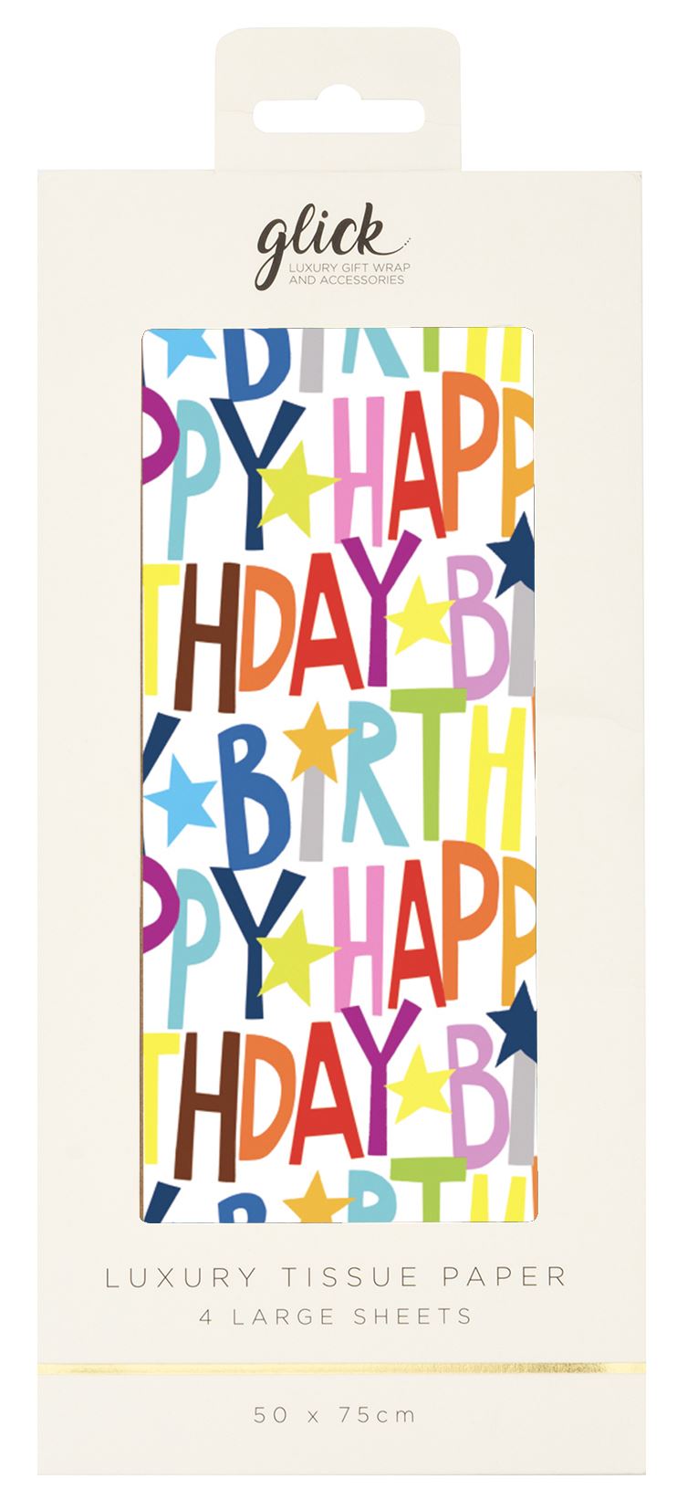 Happy Birthday luxury tissue paper with multicoloured lettering and stars on white background in cream gift box packaging