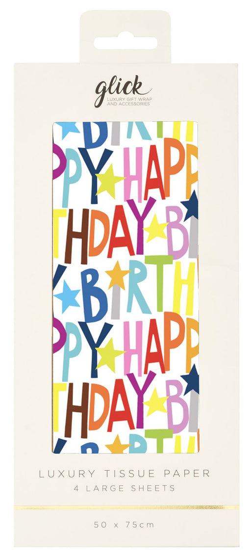 Happy Birthday luxury tissue paper with multicoloured lettering and stars on white background in cream gift box packaging