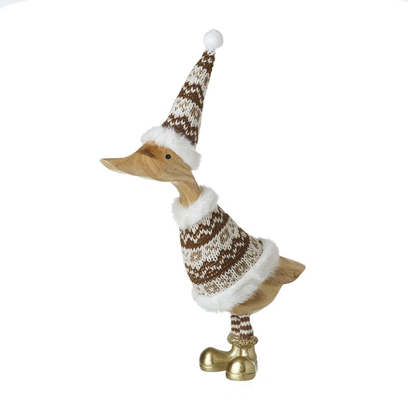 Standing duck Christmas decoration wearing a Nordic-pattern knitted jumper and tall pointed hat with fluffy white trim and white bobble, and shiny gold boots, 17 x 4.5 x 23cm