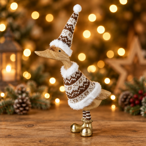 Standing duck Christmas decoration in gold boots displayed on a wooden surface with warm golden bokeh fairy lights in the background⠋