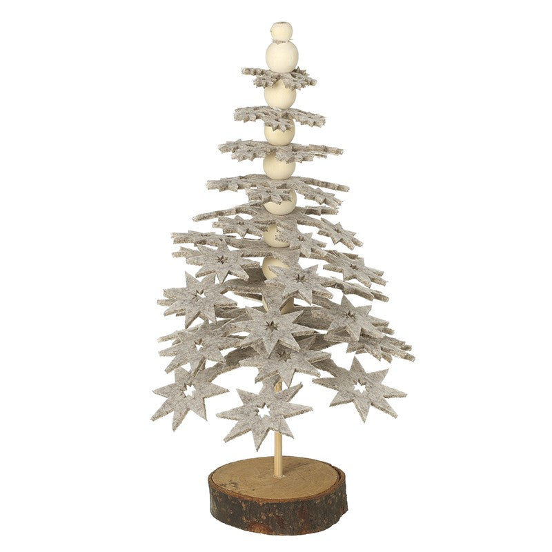 Star Christmas tree decoration with tiered light taupe felt stars, wood-effect beads and log-effect base, 15 x 13.5 x 25cm