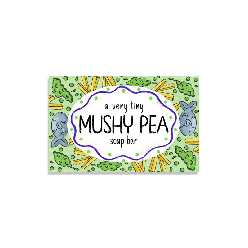 Neon Magpie Mushy Pea Tiny Vegan Soap in green packaging with mushy pea, fish and chip design