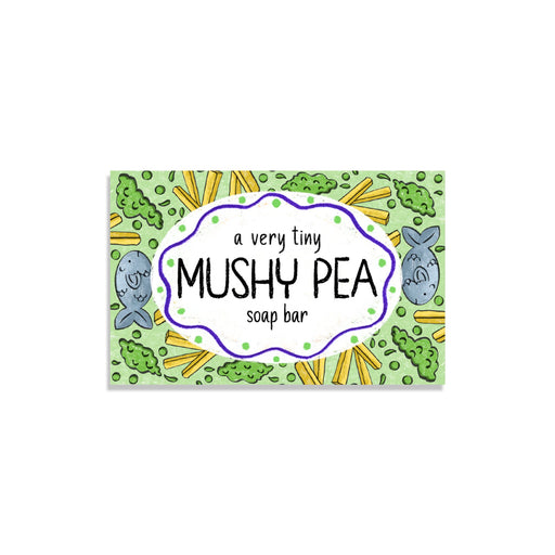 Neon Magpie Mushy Pea Tiny Vegan Soap in green packaging with mushy pea, fish and chip design