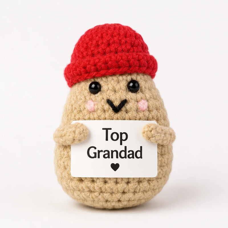 Top Grandad Positive Crochet Gift character wearing a red beanie hat and holding a Top Grandad sign, presented on a white background