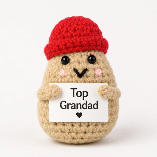 Top Grandad Positive Crochet Gift character wearing a red beanie hat and holding a Top Grandad sign, presented on a white background