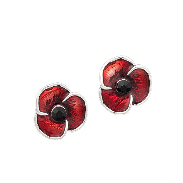 Equilibrium red poppy stud earrings with silver-tone metal outline and black stone centre displayed on white background
