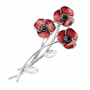 Equilibrium Poppy Posy Brooch with three vivid red poppy flowers, crystal-effect leaves and black stone centres in silver-tone setting on white background