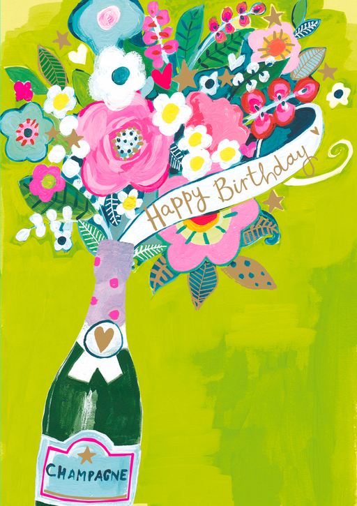 Birthday card with an illustrated champagne bottle on a lime green background bursting with a bouquet of multi coloured flowers, and a "Happy Birthday" banner ribbon