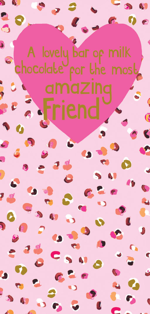 Amazing Friend milk chocolate bar in a pink confetti-print gift box with a large pink heart and friendship message, 80g