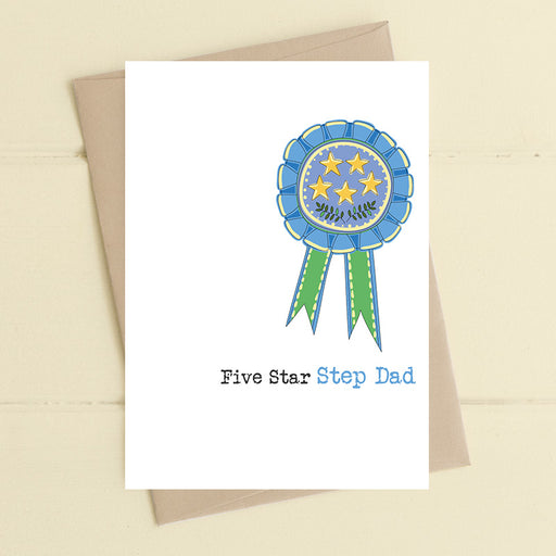 Five Star Step Dad birthday card, hand finished with flitter, printed on luxury 300gsm FSC-certified board, 114x162mm