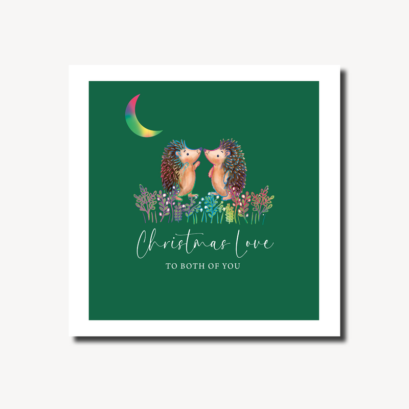 Christmas card featuring two hedgehogs facing each other nose-to-nose with festive foliage, fairy lights and a rainbow foil crescent moon on a deep green background, blank inside, square format 155 x 155mm