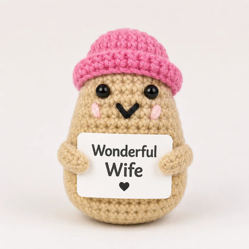 Wonderful Wife Positive Crochet Gift character wearing a pink beanie hat and holding a Wonderful Wife sign, presented on a white background