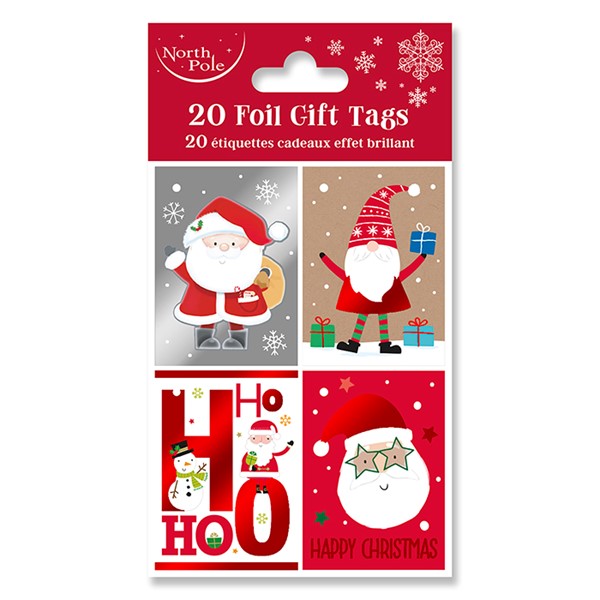 North Pole 20 foil Christmas gift tags pack showing four designs — classic Santa, gonk with gifts, Ho Ho Ho with snowman and Santa, and Happy Christmas Santa with star sunglasses