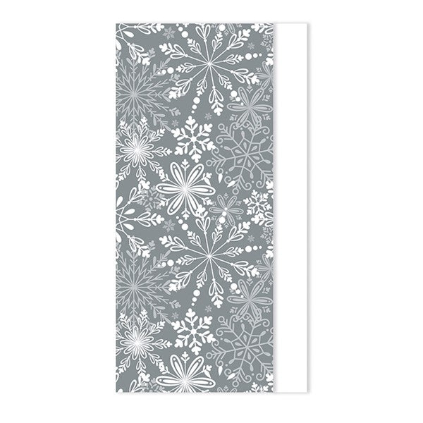 Christmas tissue paper pack showing 4 sheets silver snowflake design and 4 sheets plain white 