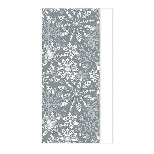 Christmas tissue paper pack showing 4 sheets silver snowflake design and 4 sheets plain white 