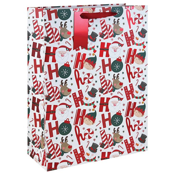 Extra large Christmas gift bag with Ho Ho Ho design featuring Santa, reindeer, elf, candy canes and baubles on white background with red ribbon handles
