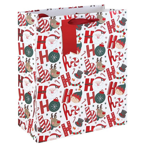 Large Christmas gift bag with bold Ho Ho Ho design featuring Santa, reindeer, elf, candy canes and baubles on white background with red ribbon handles