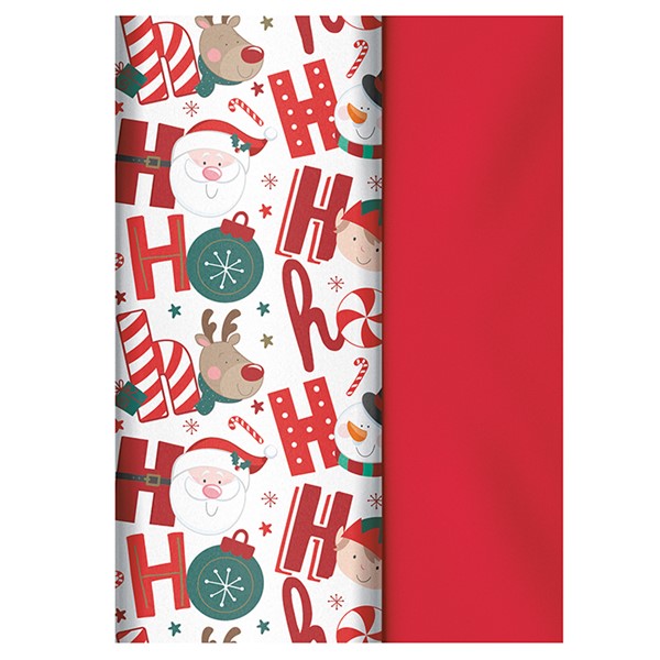 Pack of 8 Christmas tissue paper sheets showing Ho Ho Ho design with Santa, Rudolph and festive characters on white, and plain red sheets