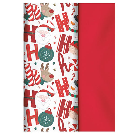 Pack of 8 Christmas tissue paper sheets showing Ho Ho Ho design with Santa, Rudolph and festive characters on white, and plain red sheets