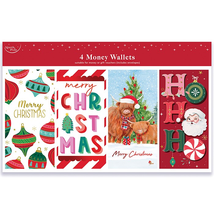 Pack of 4 Christmas money wallets with festive designs including baubles, bold Merry Christmas lettering, a highland cow, and a Santa Ho Ho Ho design, with envelopes included
