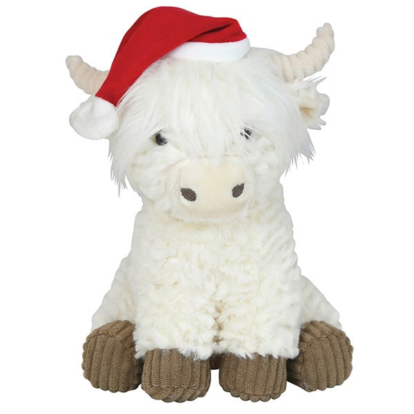 Christmas highland cow plush toy with fluffy white fur, cream horns, corded hooves and a red Santa hat, 8 inches tall⠋