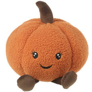 Pumpkin plush doorstop, round fluffy orange boucle fabric pumpkin with brown stalk, dark brown fluffy feet and sweet smiling face with rosy cheeks and sparkly eyes, white background