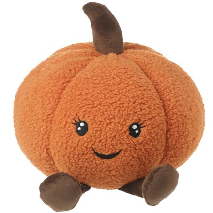 Pumpkin plush doorstop, round fluffy orange boucle fabric pumpkin with brown stalk, dark brown fluffy feet and sweet smiling face with rosy cheeks and sparkly eyes, white background