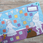 Big Sticker Activity Book Christmas Santa, open spread showing fold-out Countdown to Christmas advent scene with Mrs Claus, Santa, a gift sack and numbered squares from 1 to 24 to colour in, bunting and mistletoe, wooden surface