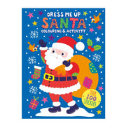 Dress Me Up Santa Colouring and Activity Book, bright blue cover with illustrated Santa carrying a gift sack, stars and snowflakes, over 100 stickers badge, front view, white background