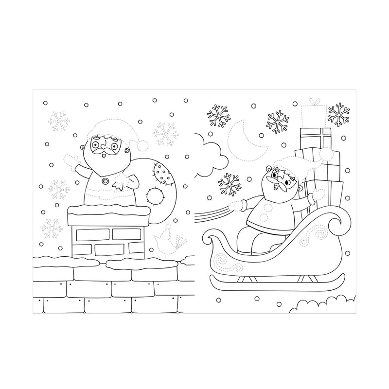  Dress Me Up Santa Colouring and Activity Book, open spread showing Santa and sleigh colouring pages 