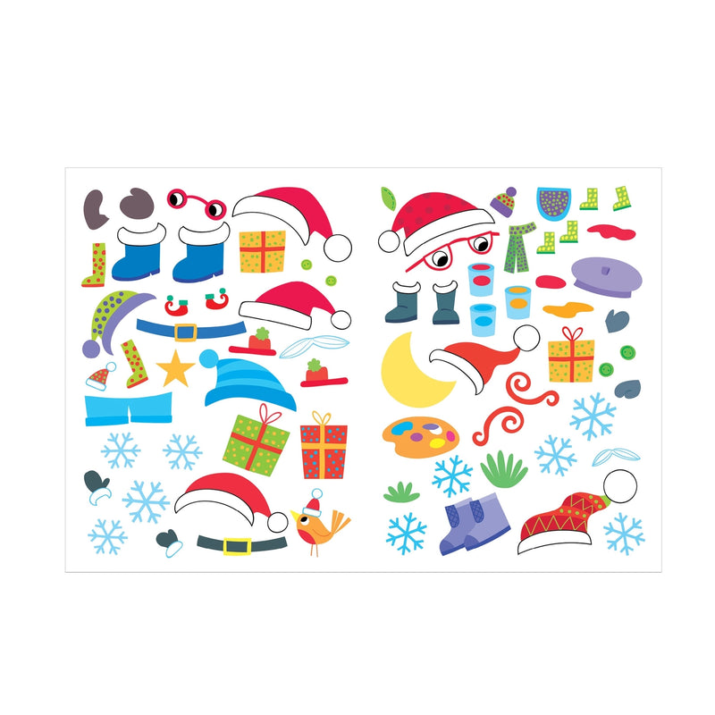 Dress Me Up Santa Colouring and Activity Book, sticker sheet spread showing hats, outfits, boots and accessories in festive designs