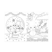 Dress Me Up Snowman Colouring and Activity Book, open spread showing snowman in a snow globe colouring page alongside a snowman and reindeer winter scene, white background