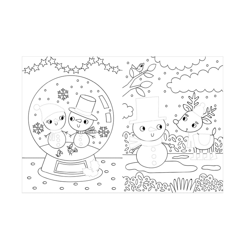 Dress Me Up Snowman Colouring and Activity Book, open spread showing snowman in a snow globe colouring page alongside a snowman and reindeer winter scene, white background