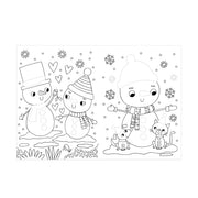 Dress Me Up Snowman Colouring and Activity Book, open spread showing snowman couple colouring page and snowman with dog and cat winter scene, white background
