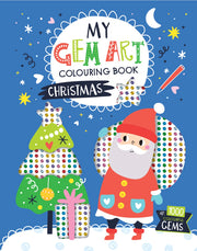 My Gem Art Colouring Book Christmas, blue cover with illustrated Santa, decorated Christmas tree and gem sticker sheet, 1000 colourful gems badge, front view, white background