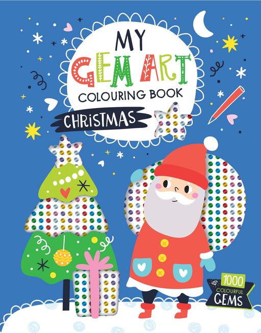 My Gem Art Colouring Book Christmas, blue cover with illustrated Santa, decorated Christmas tree and gem sticker sheet, 1000 colourful gems badge, front view, white background