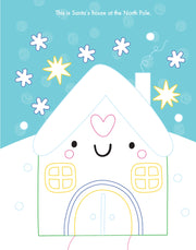 My Gem Art Colouring Book Christmas, open colouring page showing Santa's house at the North Pole with snow-covered roof, chimney, smiley face detail, square windows and arched door, ready to colour and decorate with gems