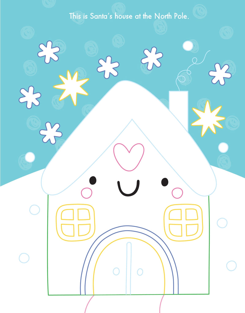 My Gem Art Colouring Book Christmas, open colouring page showing Santa's house at the North Pole with snow-covered roof, chimney, smiley face detail, square windows and arched door, ready to colour and decorate with gems