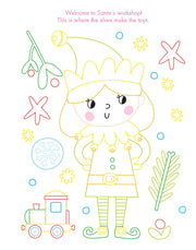 My Gem Art Colouring Book Christmas, open colouring page showing elf in Santa's workshop with toy train, mistletoe, snowflakes and festive details, ready to colour and decorate with gems